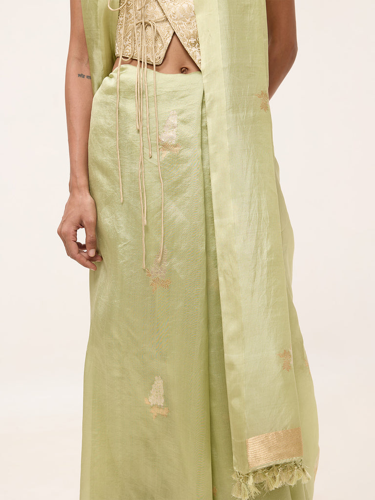 Handwoven Pistachio Green Cotton Banarasi Saree