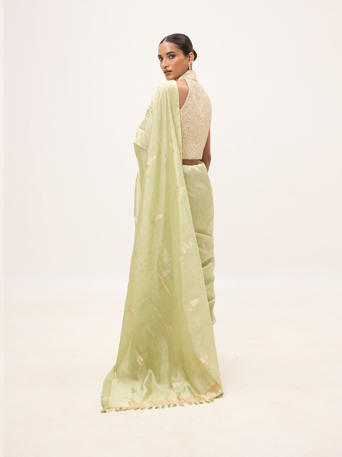 Handwoven Pistachio Green Cotton Banarasi Saree