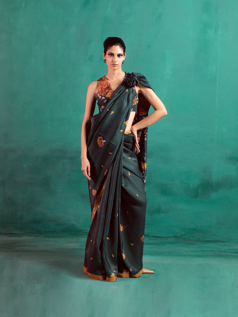 Bottle Green Printed Saree