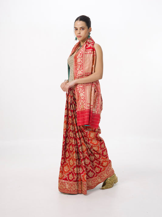 Handwoven Crimson Red Silk Rangkaat Banarasi Saree