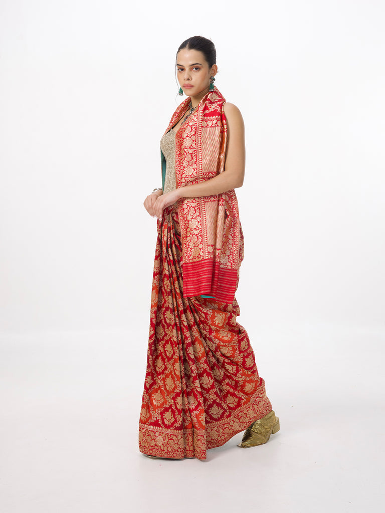 Handwoven Crimson Red Silk Rangkaat Banarasi Saree