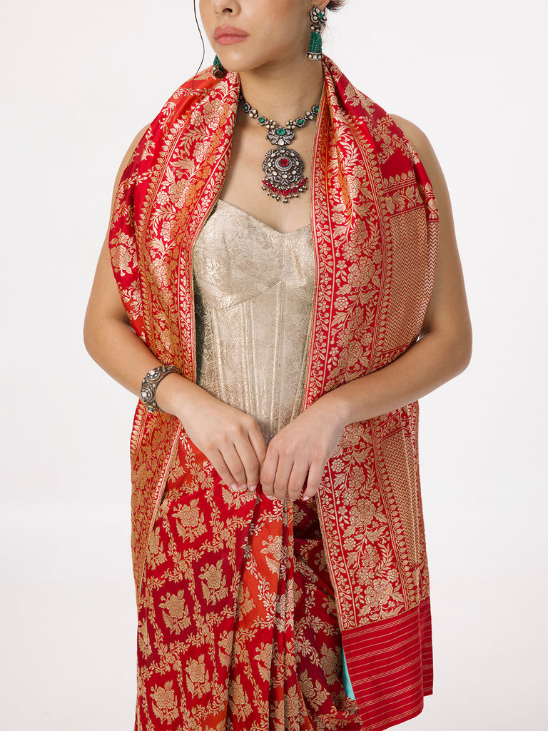 Handwoven Crimson Red Silk Rangkaat Banarasi Saree