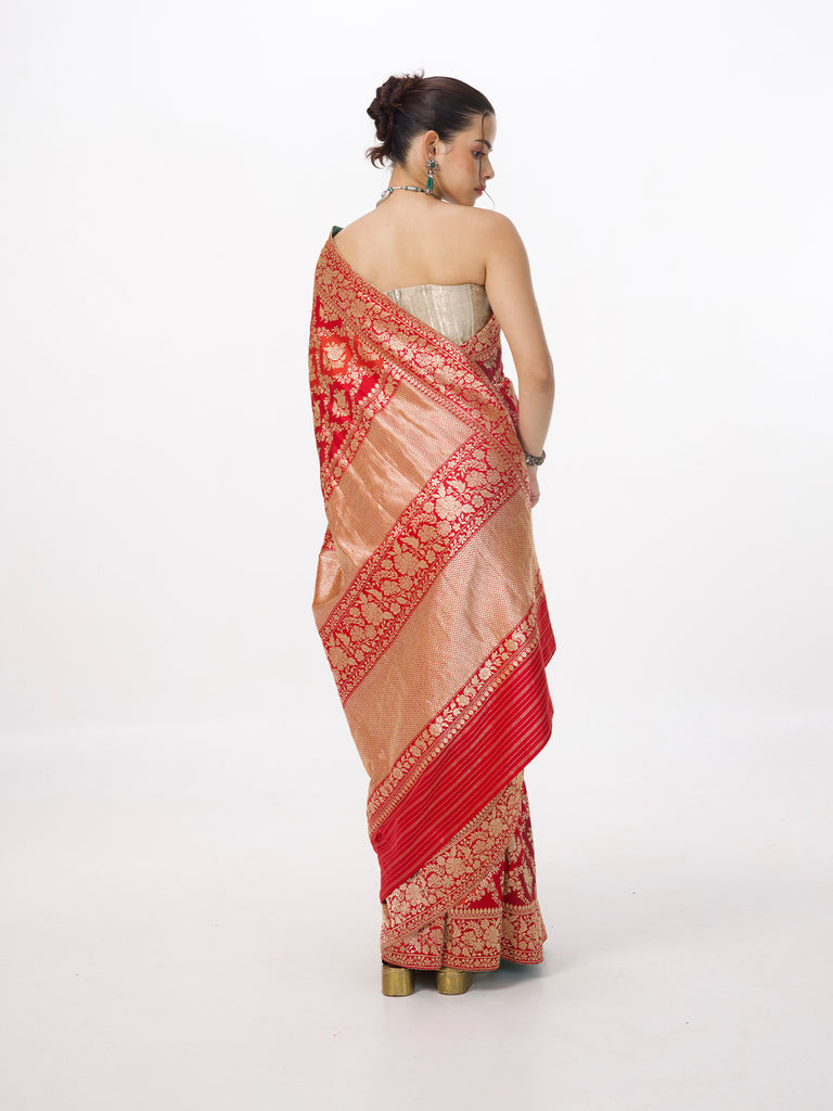Handwoven Crimson Red Silk Rangkaat Banarasi Saree