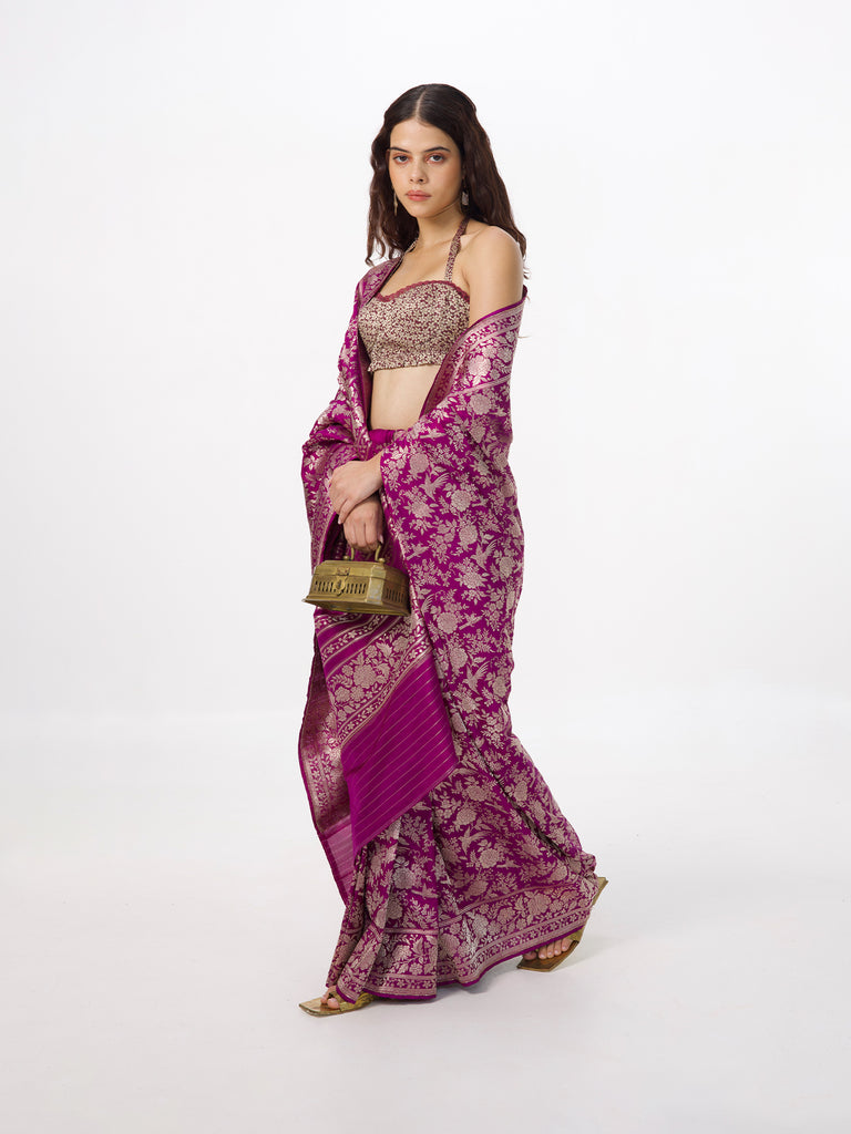 Handwoven Violet Silk Banarasi Emboss Saree