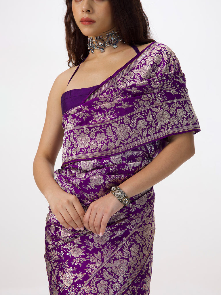 Handwoven Deep Purple Banarasi Emboss Saree