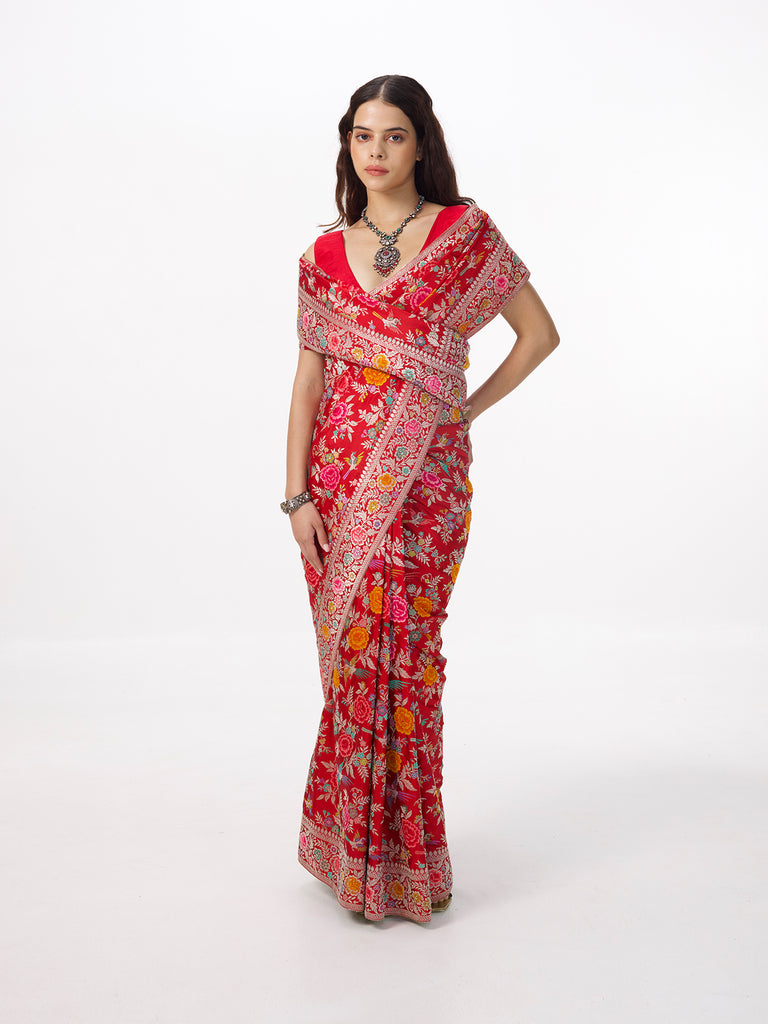 Handwoven Deep Red Silk Kadhwa Banarasi Saree