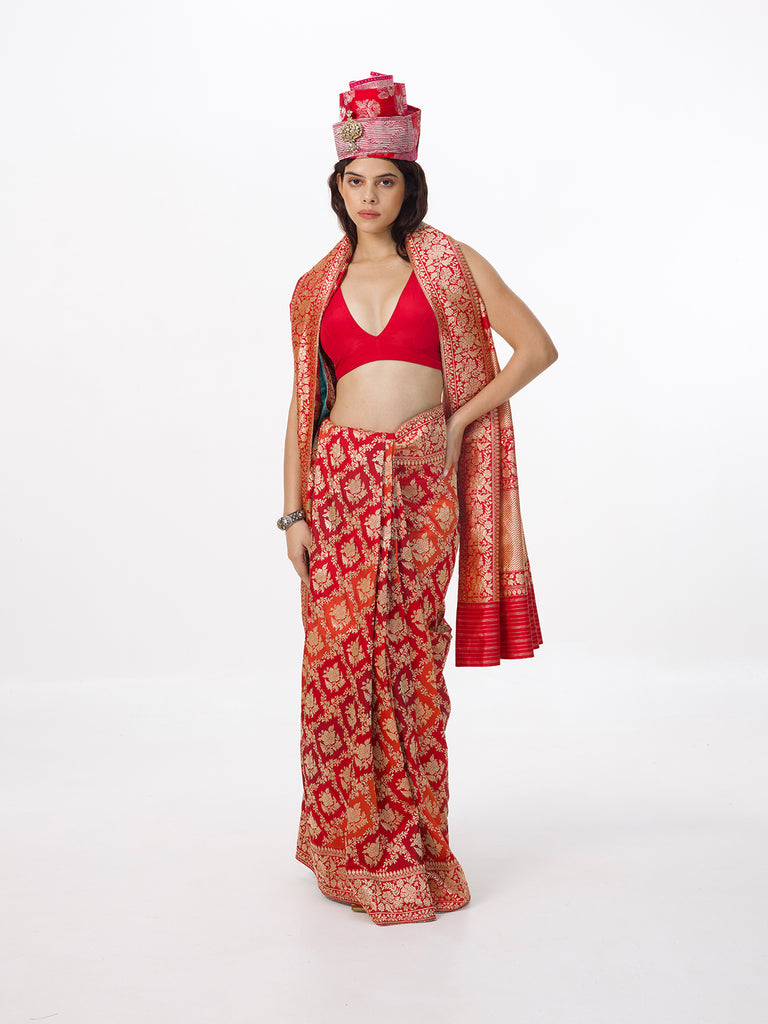 Handwoven Crimson Red Silk Rangkaat Banarasi Saree