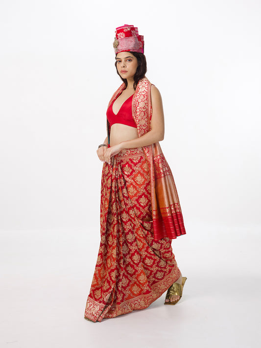 Handwoven Crimson Red Silk Rangkaat Banarasi Saree