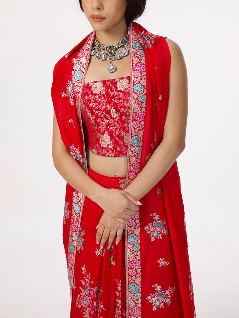 Handwoven Scarlet Silk Kadhwa Banarasi Saree