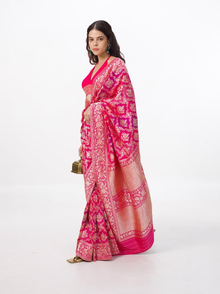 Handwoven Hot Pink Silk Rangkaat Banarasi Saree