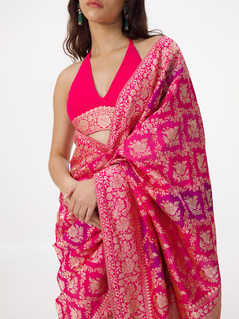 Handwoven Hot Pink Silk Rangkaat Banarasi Saree
