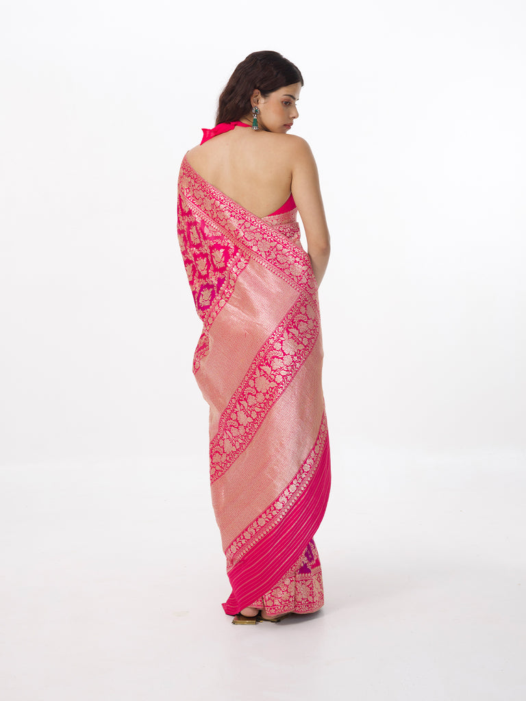 Handwoven Hot Pink Silk Rangkaat Banarasi Saree