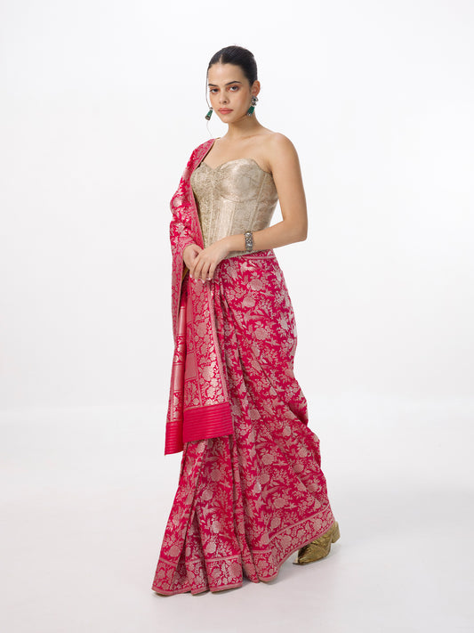 Handwoven Deep Pink Banarasi Emboss Saree