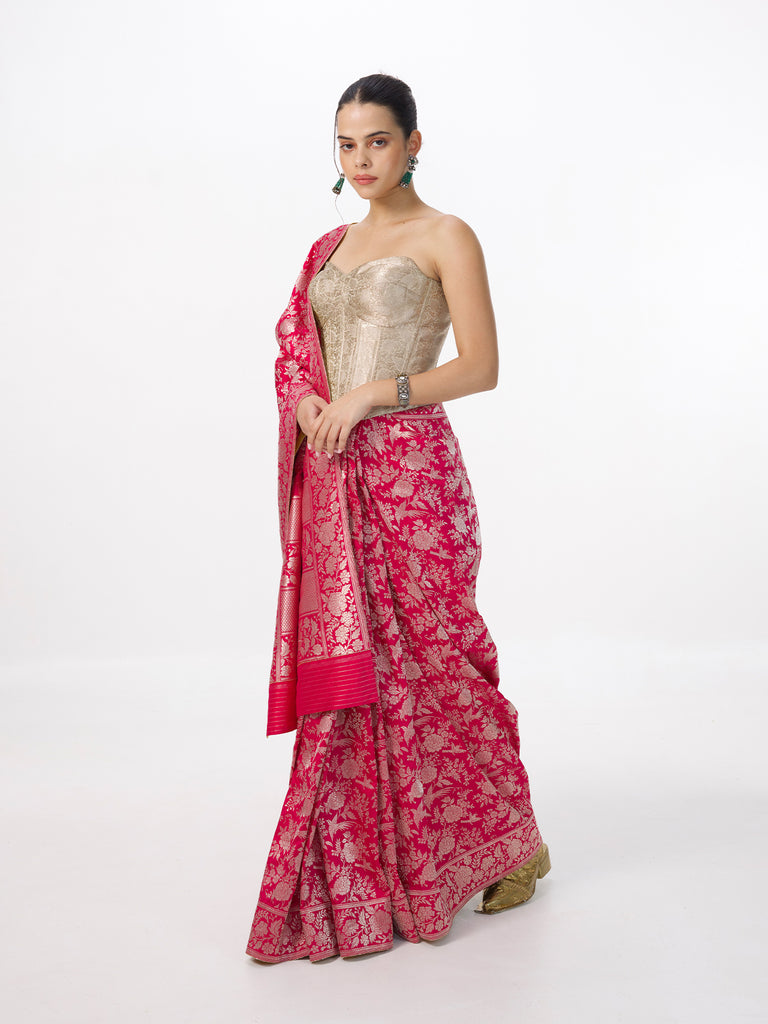 Handwoven Deep Pink Banarasi Emboss Saree