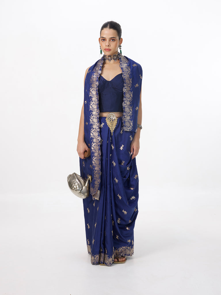 Handwoven Ultramarine Blue Silk Cutwork Banarasi Saree