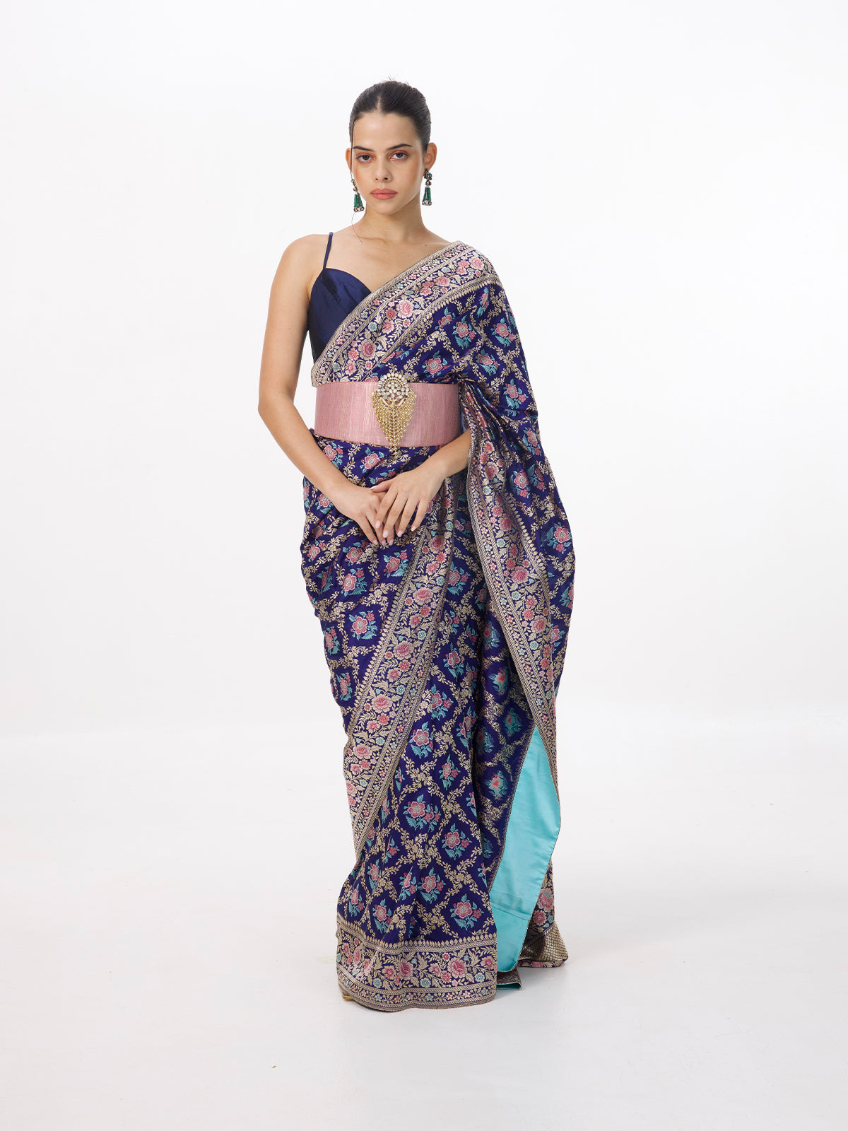 Handwoven Navy Blue Silk Kadhwa Banarasi Saree