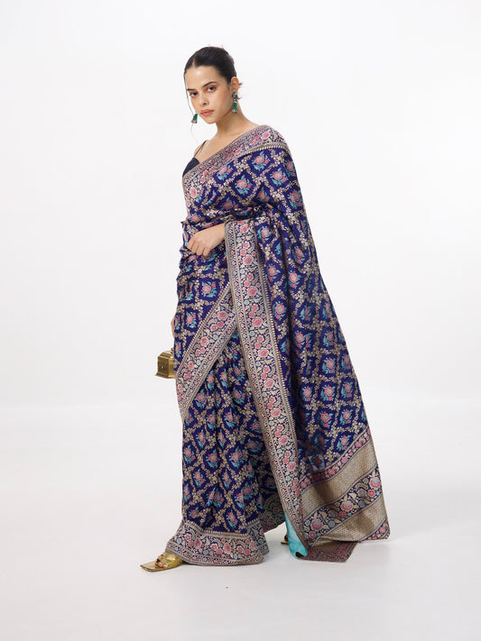 Handwoven Navy Blue Silk Kadhwa Banarasi Saree