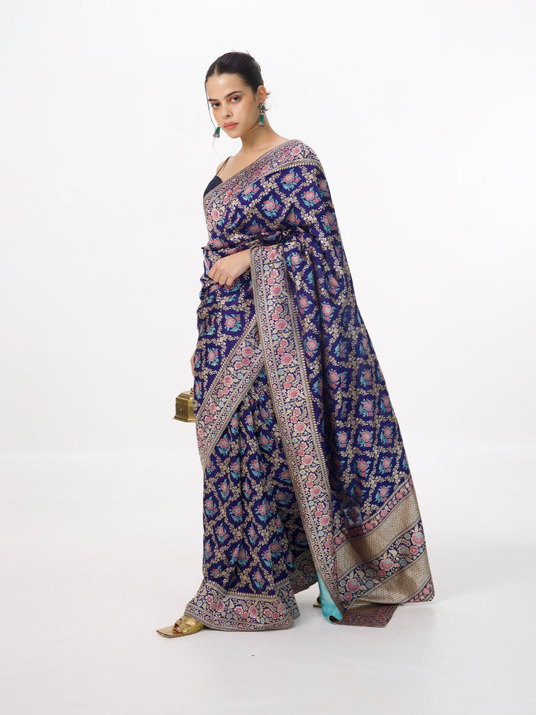 Handwoven Navy Blue Silk Kadhwa Banarasi Saree