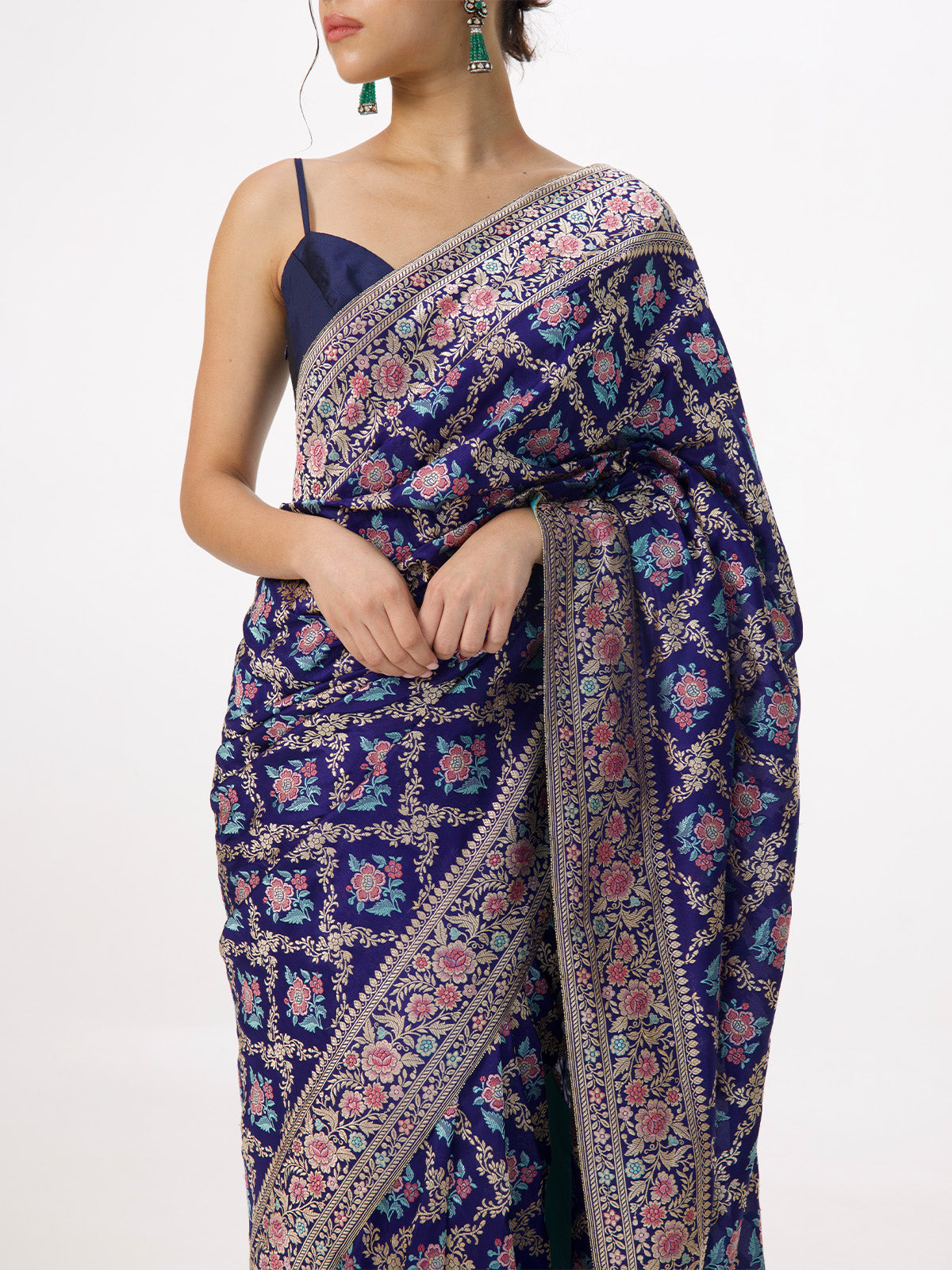 Handwoven Navy Blue Silk Kadhwa Banarasi Saree