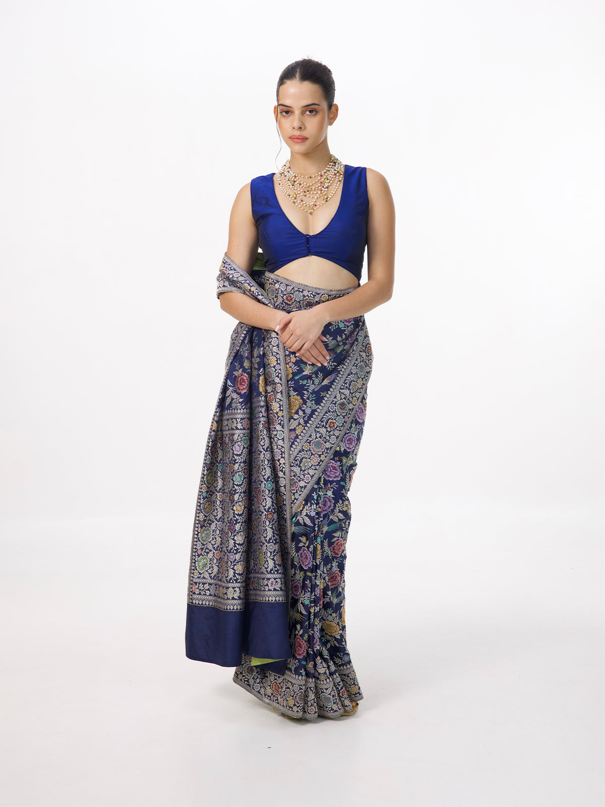 Handwoven Deep Blue Silk Kadhwa Banarasi Saree