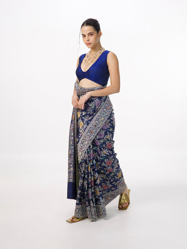 Handwoven Deep Blue Silk Kadhwa Banarasi Saree
