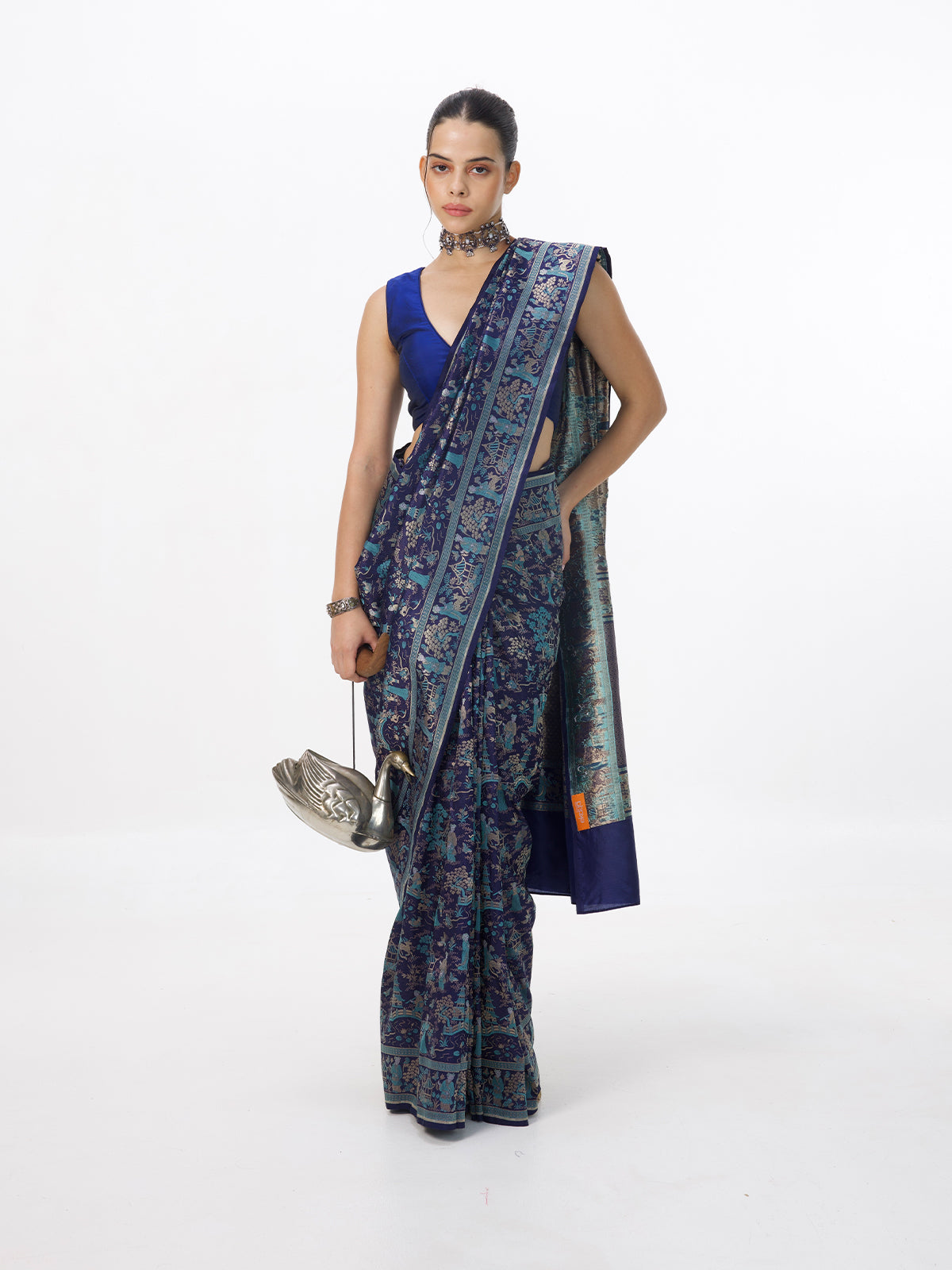Handwoven Oxford Blue Silk Emboss Saree