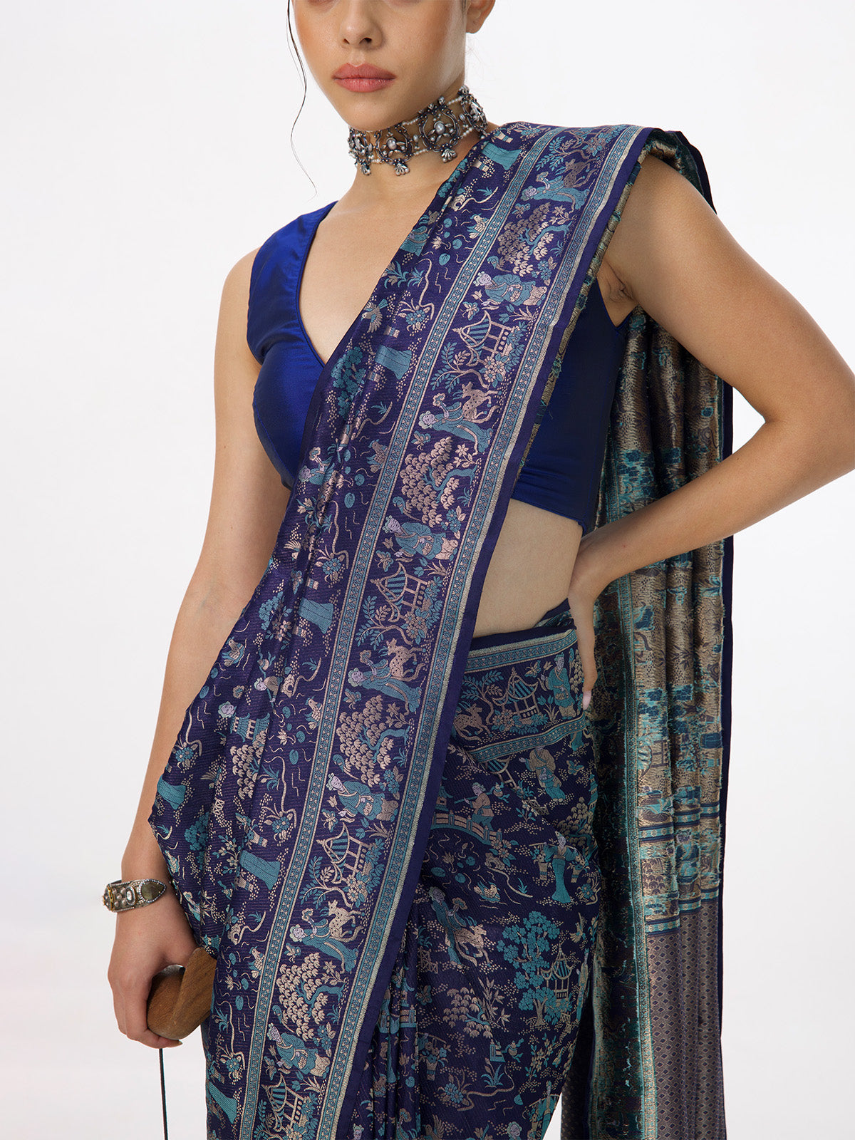 Handwoven Oxford Blue Silk Emboss Saree