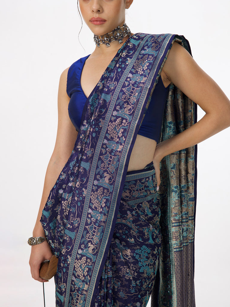 Handwoven Oxford Blue Silk Emboss Saree