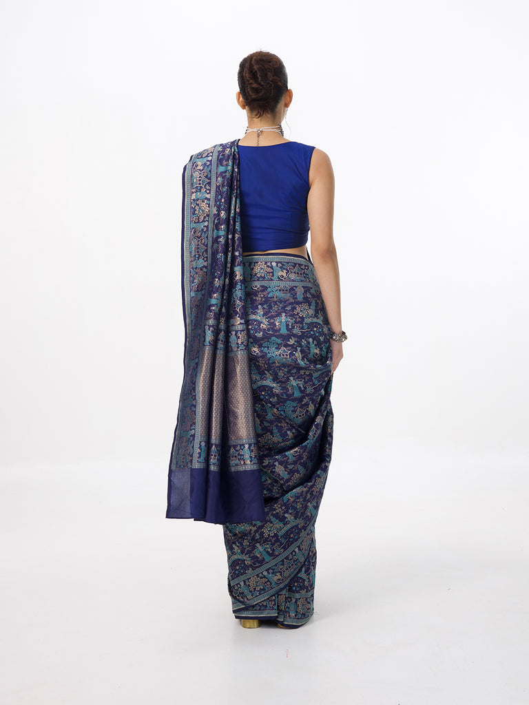 Handwoven Oxford Blue Silk Emboss Saree
