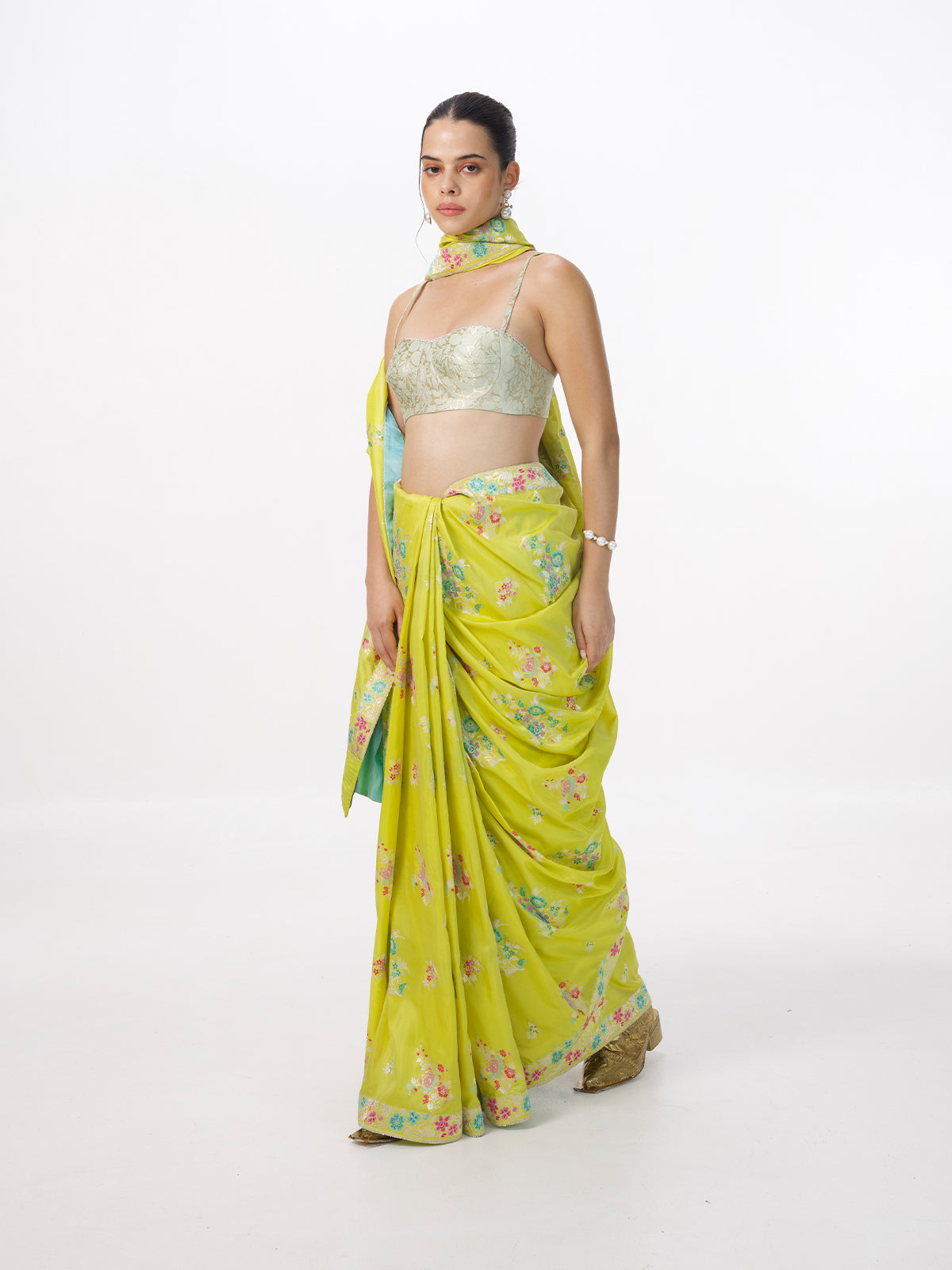 Handwoven Lime Green Silk Kadhwa Banarasi Saree