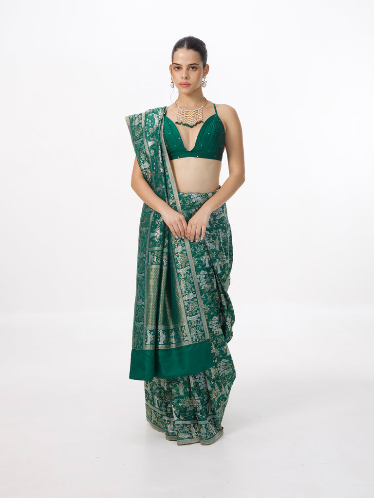 Handwoven Emerald Green Silk Banarasi Emboss Saree