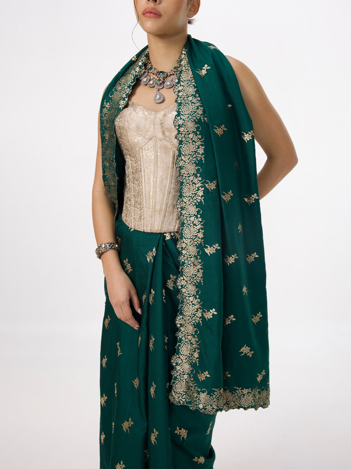 Handwoven Dark Green Silk Cutwork Banarasi Saree