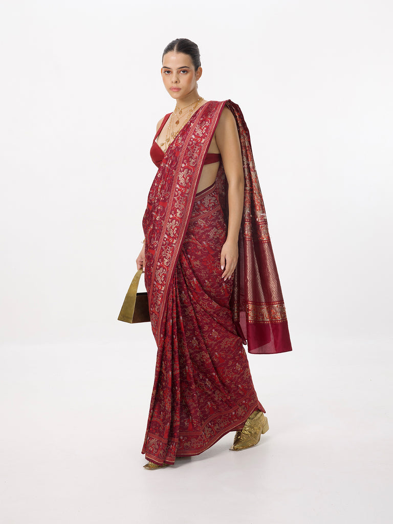 Handwoven Ruby Red Silk Emboss Saree