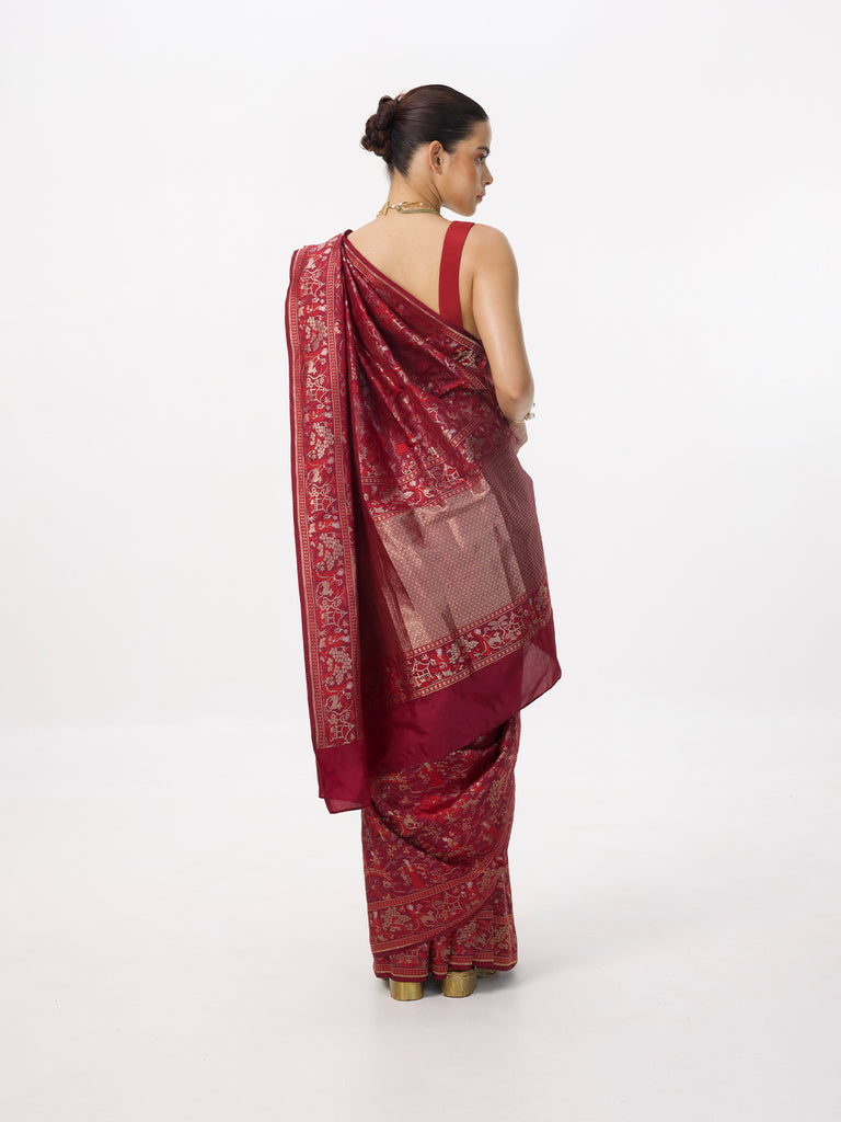 Handwoven Ruby Red Silk Emboss Saree