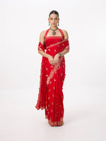 Handwoven Cherry Red Silk Cutwork Banarasi Saree