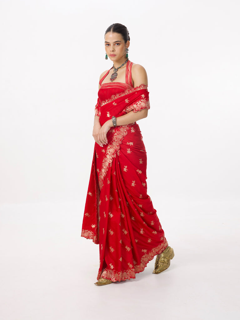 Handwoven Cherry Red Silk Cutwork Banarasi Saree