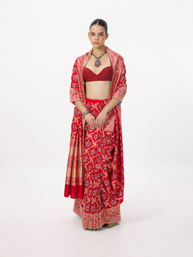 Handwoven Red Silk Kadhwa Banarasi Saree