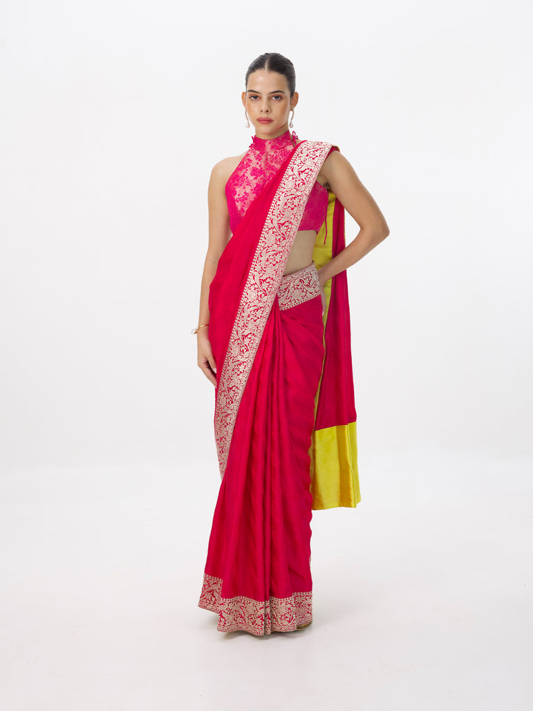 Handwoven Deep Pink Satin Tanchoi Banarasi Saree