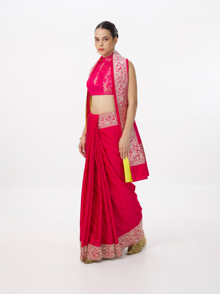 Handwoven Deep Pink Satin Tanchoi Banarasi Saree