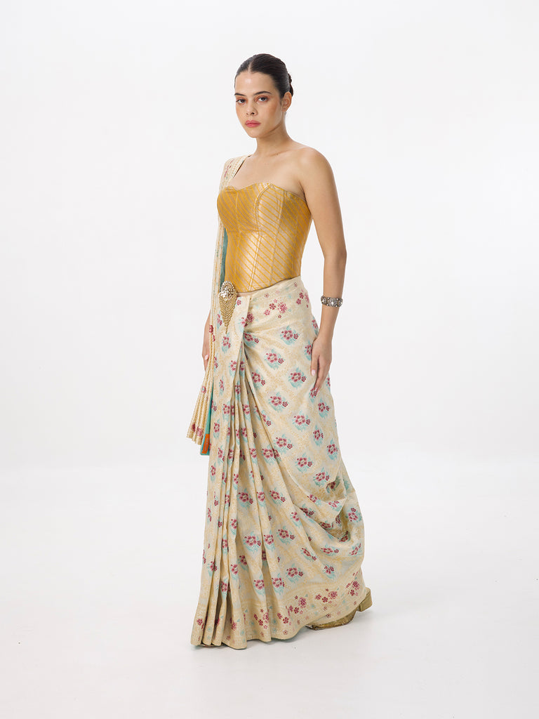 Handwoven Warm Beige Silk Kadhwa Banarasi Saree