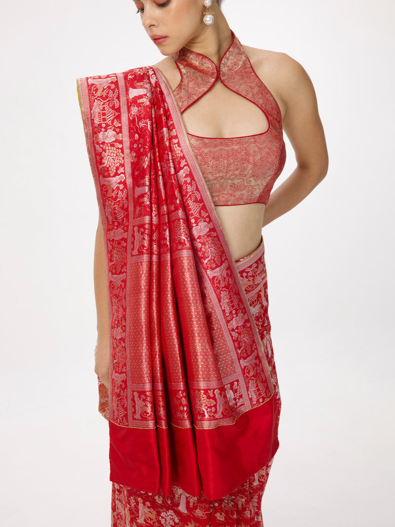 Handwoven Crimson Red Silk Banarasi Emboss Saree