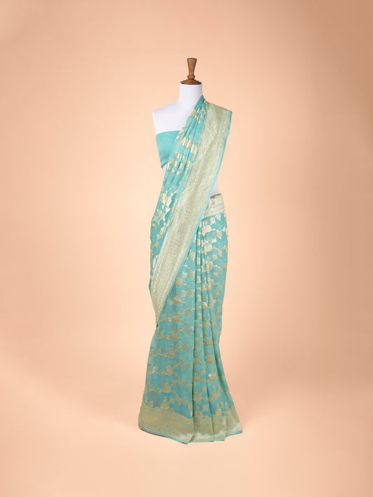 Handwoven Turquoise Blue Georgette Saree