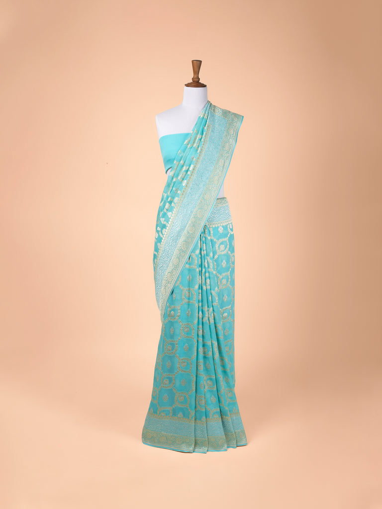 Handwoven Turquoise Blue Georgette Saree
