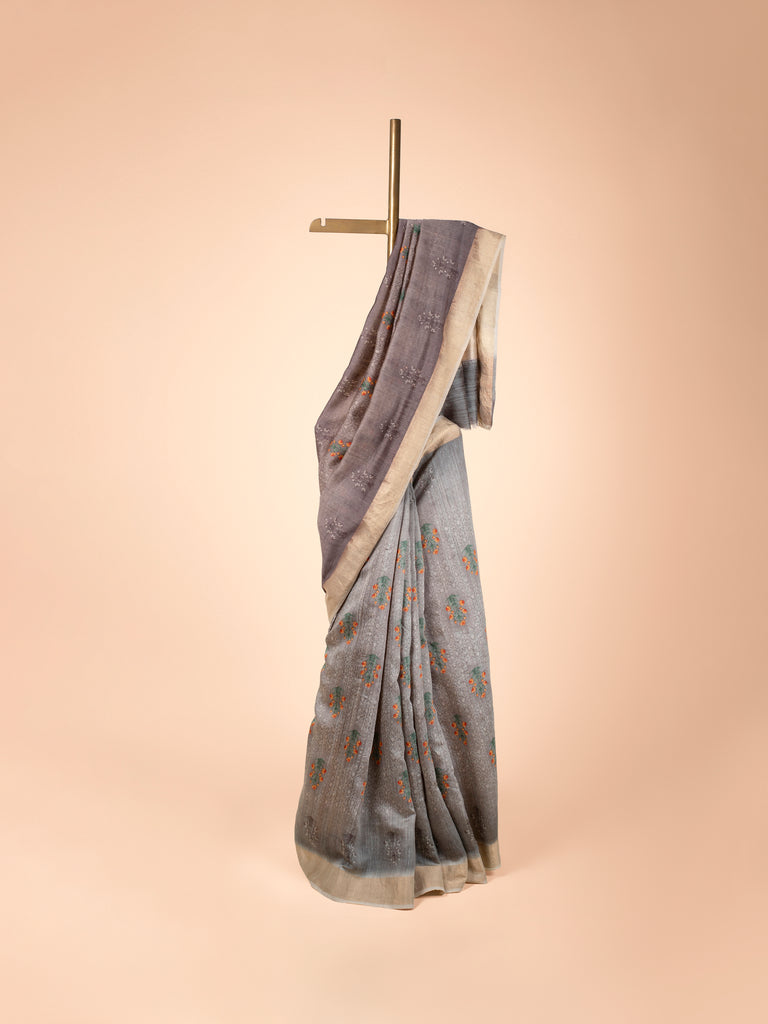 Handwoven Grey Tussar Silk Saree