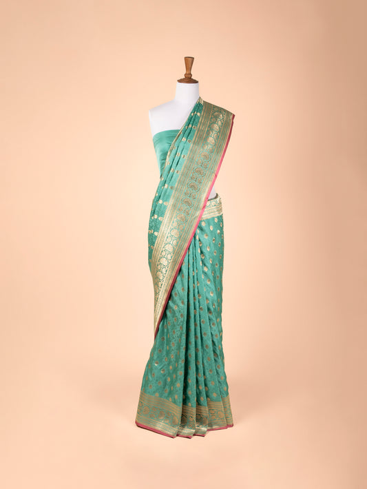 Handwoven Aqua Green Satin Silk Saree