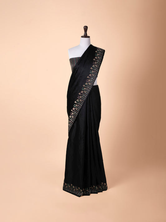 Handwoven Black Satin Silk Saree