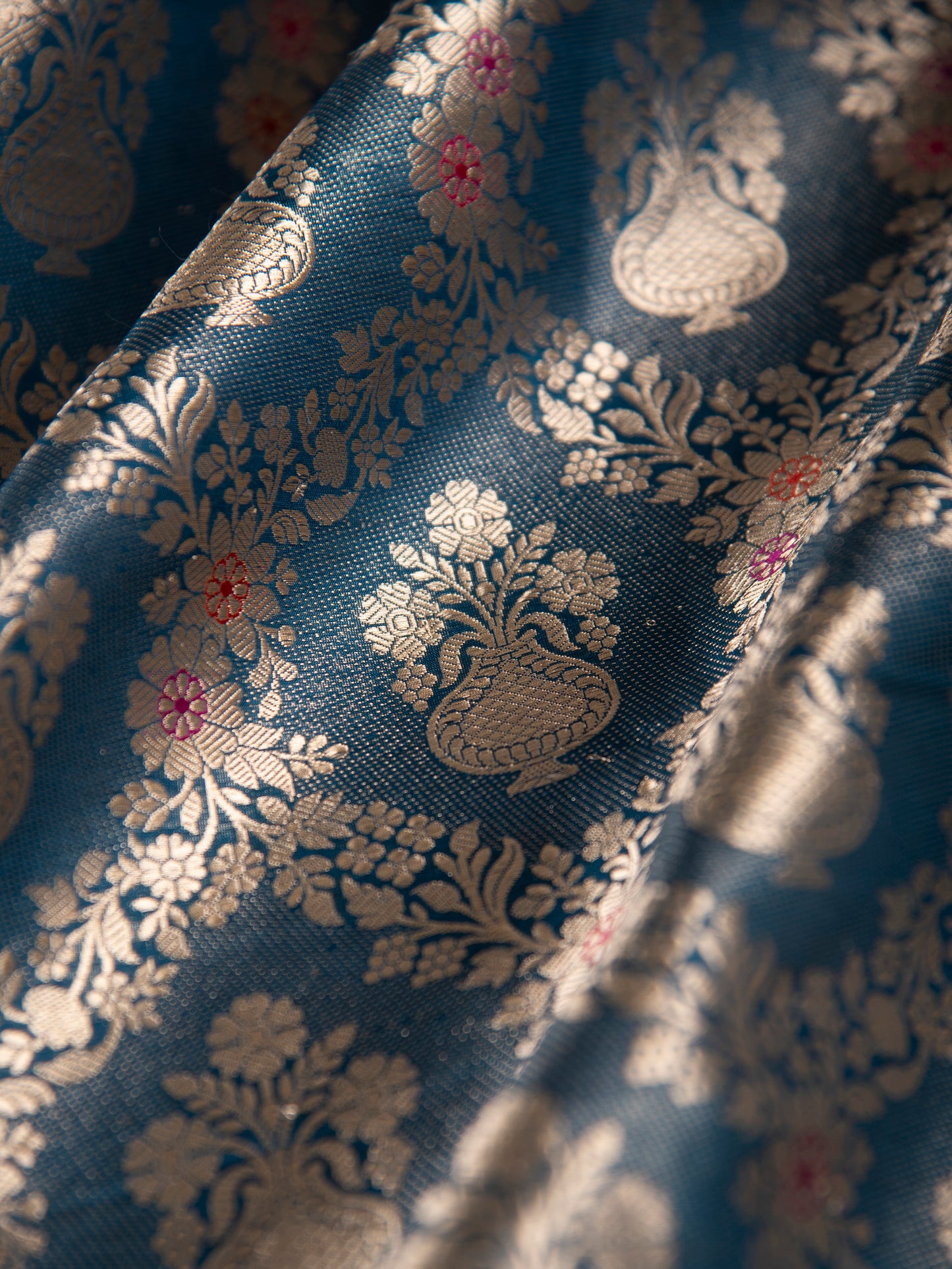 Handwoven Blue Satin Silk Blouse Fabric