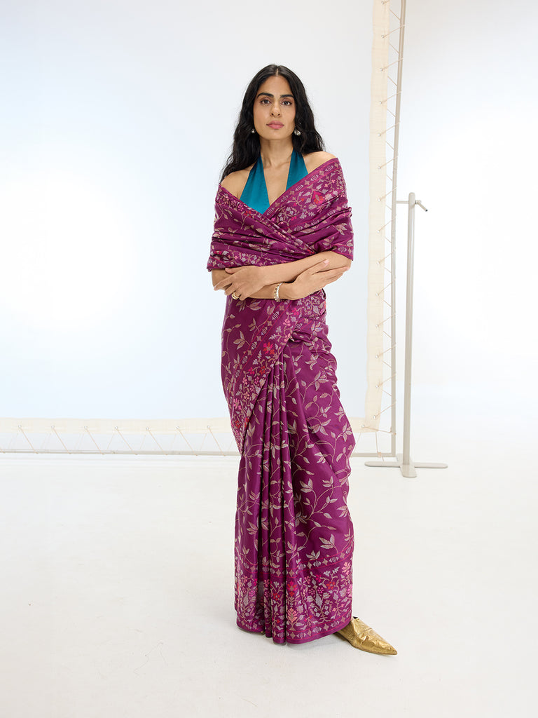 Handwoven Real Zari Wine Silk Saree