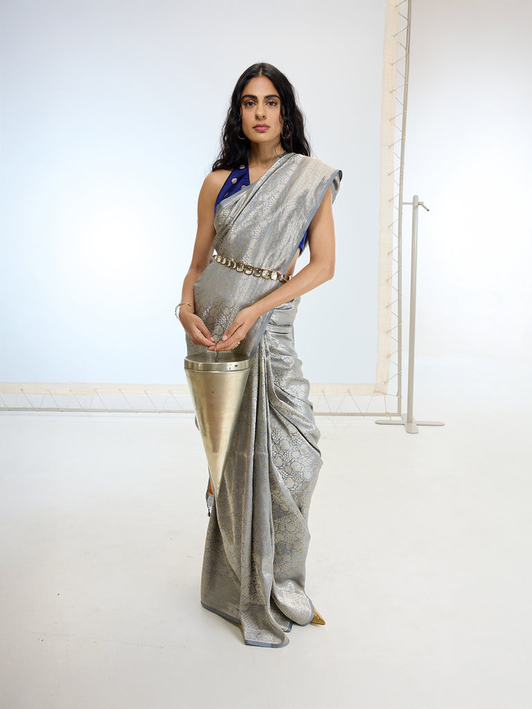 Handwoven Grey Tissue Silk Saree