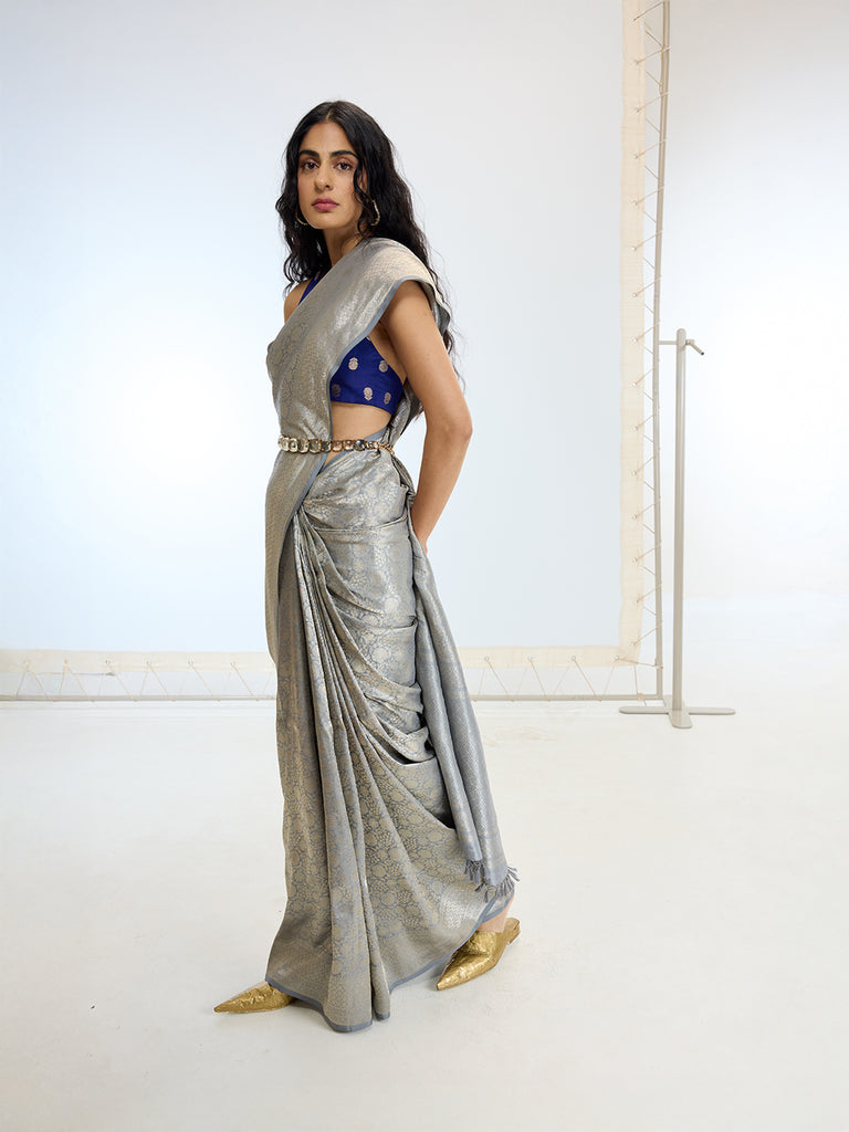 Handwoven Grey Tissue Silk Saree